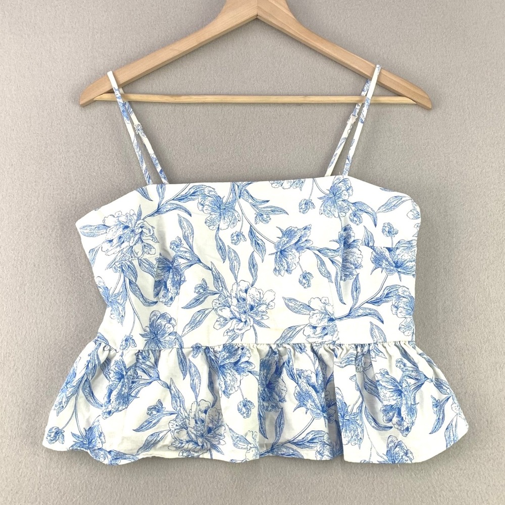 A New Day Floral Peplum Cami Top Women Medium White Blue Smocked Cotton Cottage